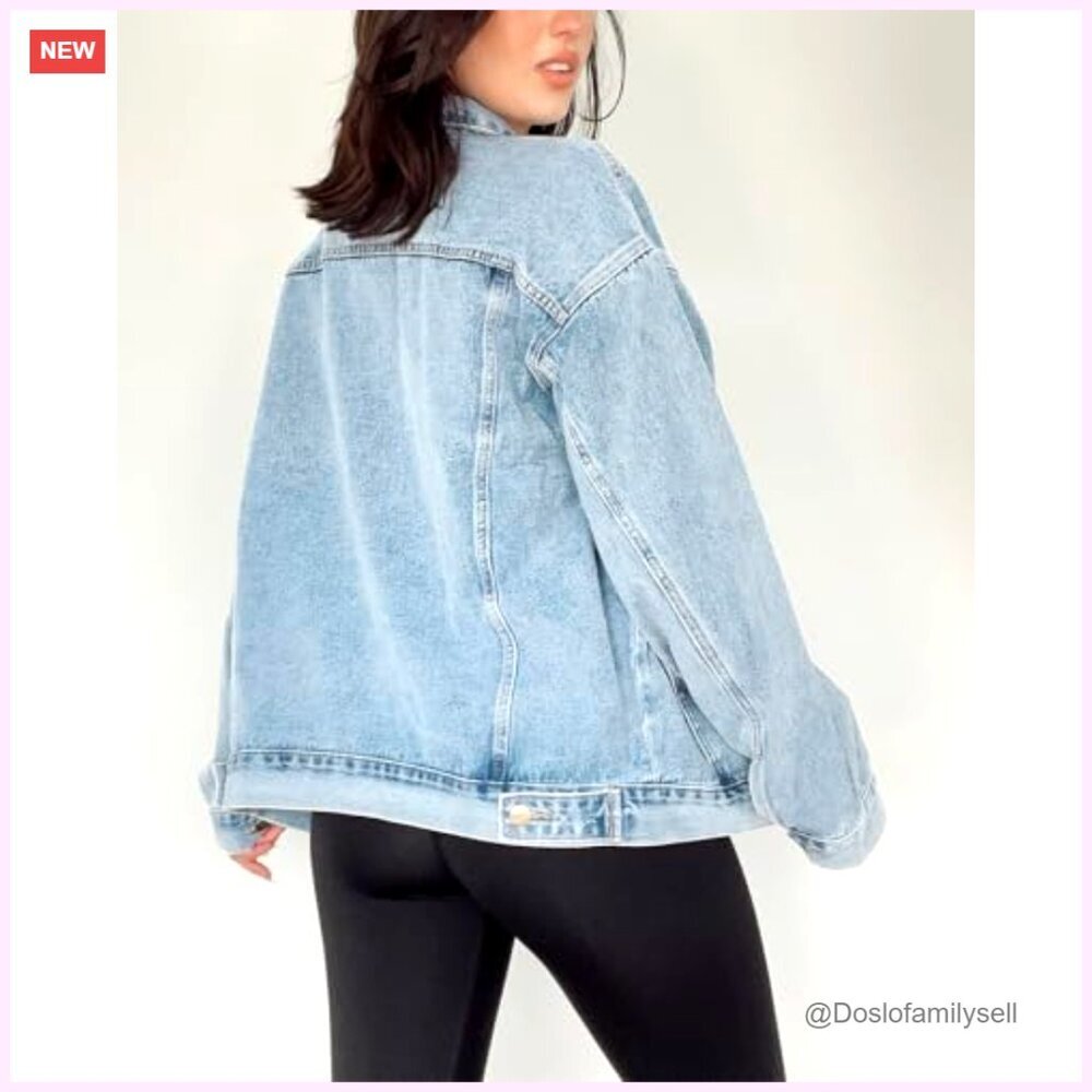 Oversized Denim Jacket Long Sleeve Button Down Trucker Shacket Women's - Picture 4 of 7